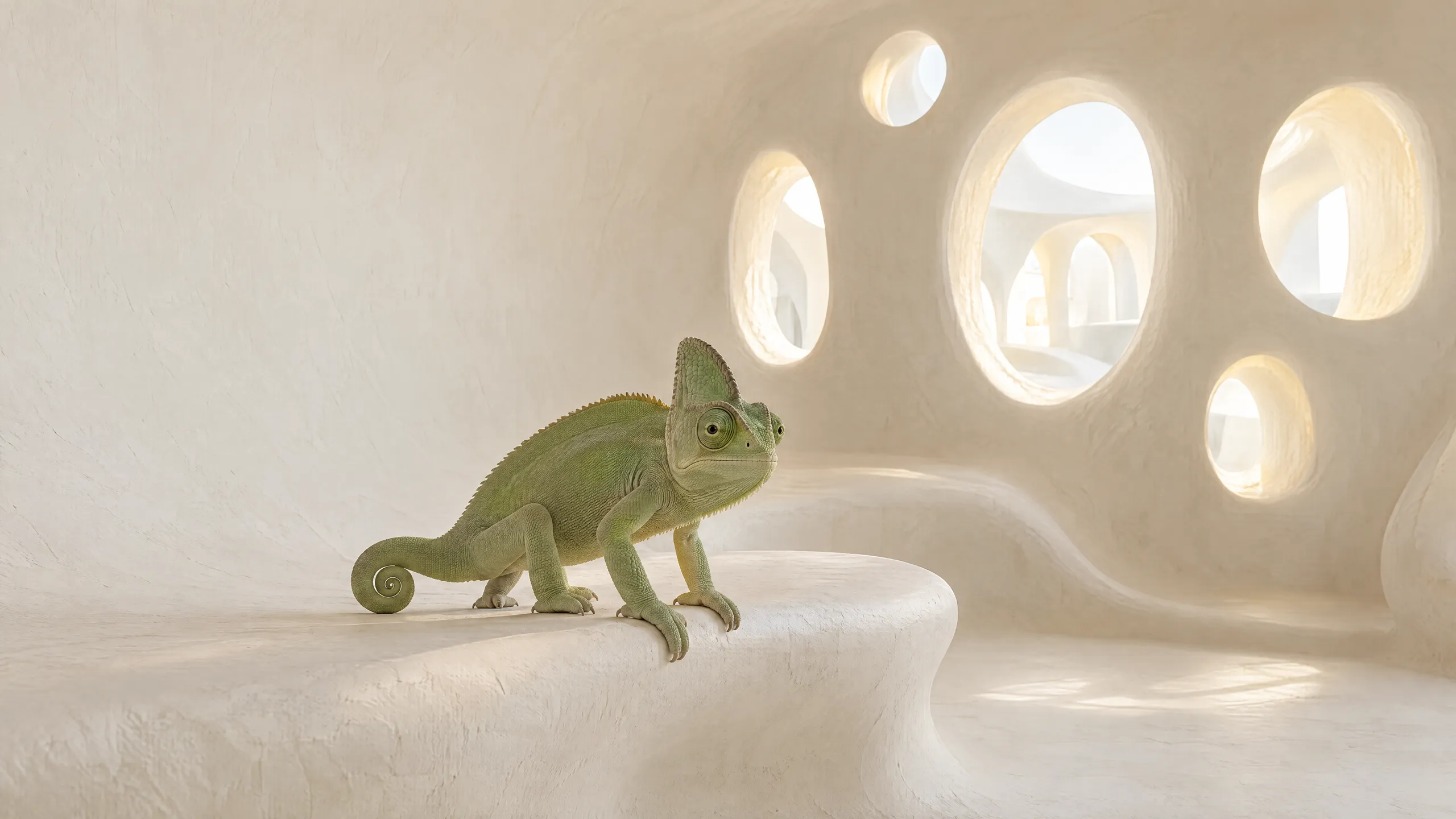 A green veiled chameleon stands on a plaster ledge in a sculpted white room lit through oval openings. AI-generated image.
